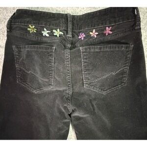 Womens 4P Black Velvety Corduroy Flare Embroidered Flower Jeans Pants Y2K